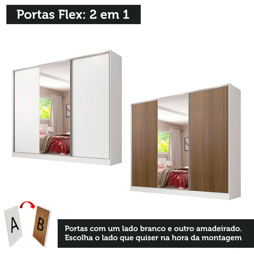 Guarda-Roupa Casal 100% MDF Madesa Zurique 3 Portas de Correr com Espelho Branco/Rustic - Image 10