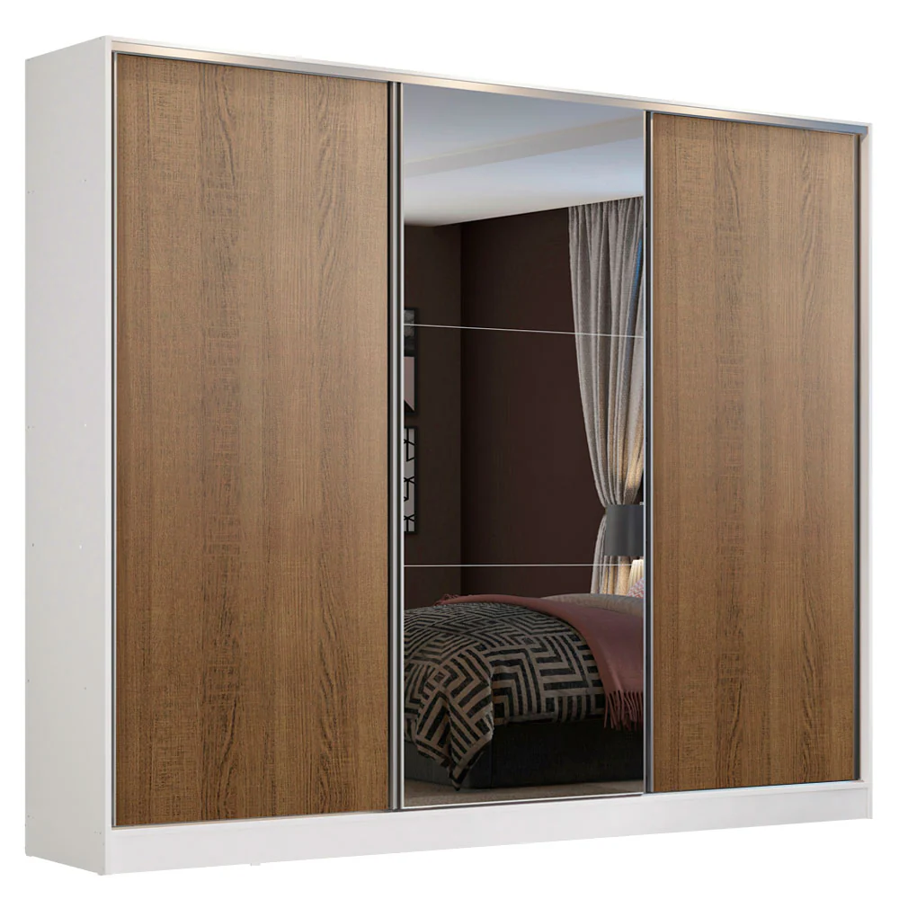 Guarda-Roupa Casal 100% MDF Madesa Zurique 3 Portas de Correr com Espelho Branco/Rustic - Image 2