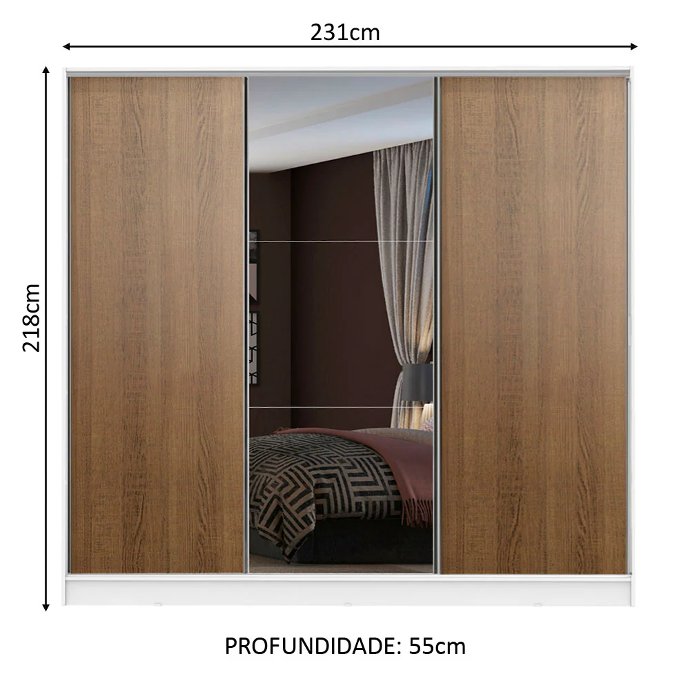 Guarda-Roupa Casal 100% MDF Madesa Zurique 3 Portas de Correr com Espelho Branco/Rustic - Image 3