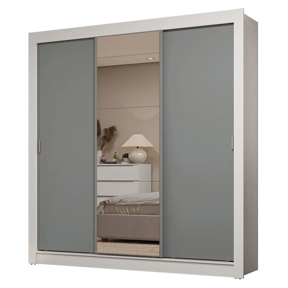 Guarda-Roupa Casal 3 Portas de Correr com Espelho 2 Gavetas Branco/Cinza Sublime Madesa - Image 2