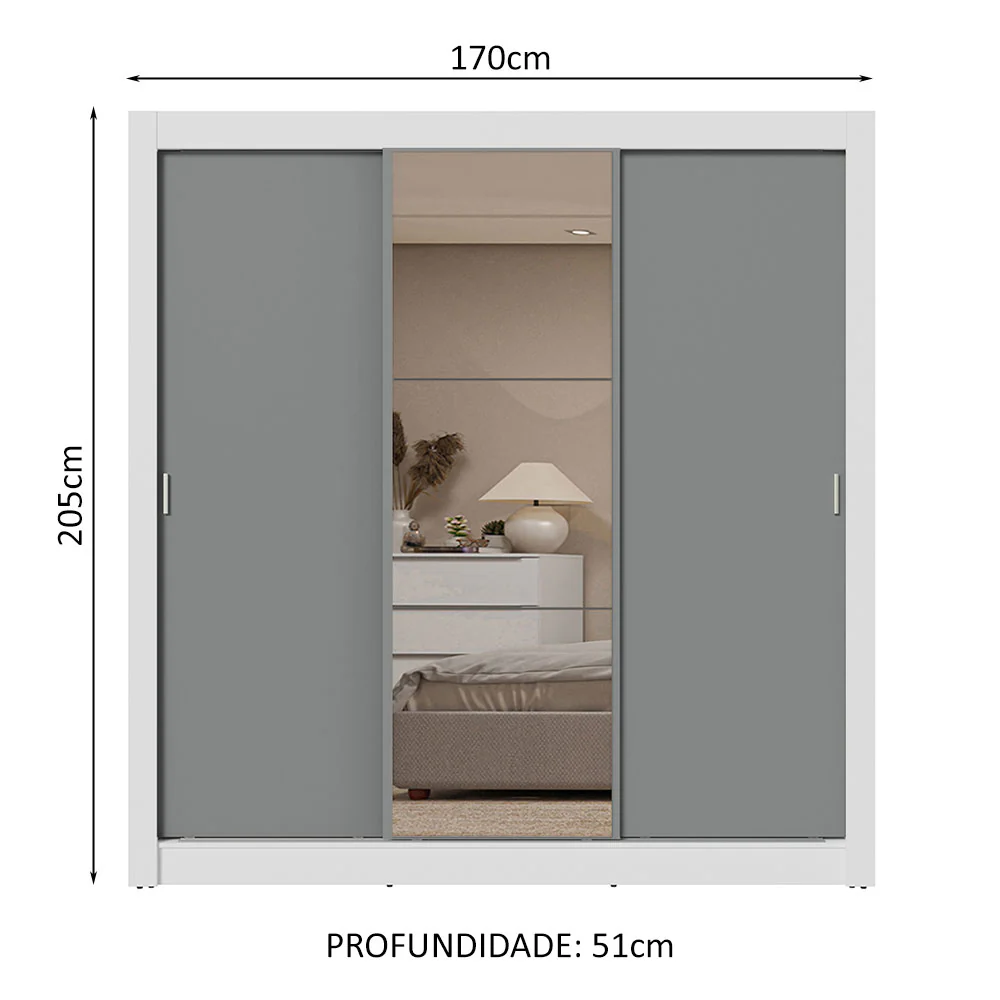 Guarda-Roupa Casal 3 Portas de Correr com Espelho 2 Gavetas Branco/Cinza Sublime Madesa - Image 3