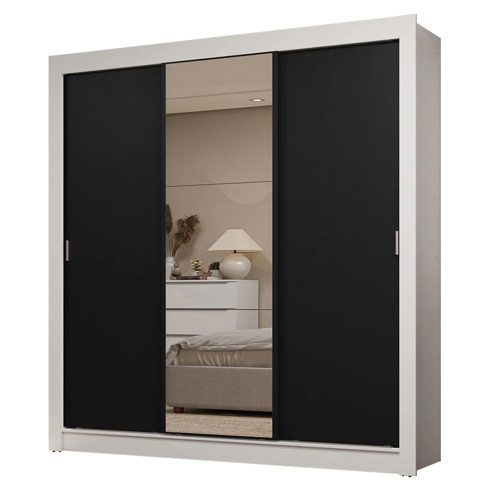 Guarda-Roupa Casal 3 Portas de Correr com Espelho 2 Gavetas Branco/Preto Sublime Madesa - Image 2