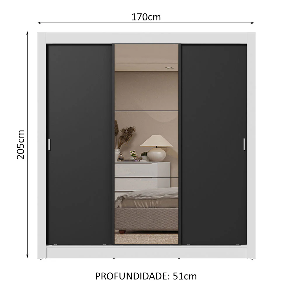 Guarda-Roupa Casal 3 Portas de Correr com Espelho 2 Gavetas Branco/Preto Sublime Madesa - Image 3