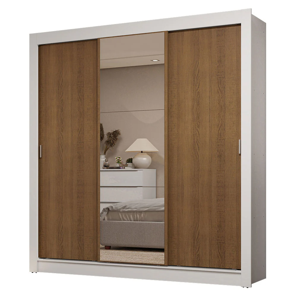 Guarda-Roupa Casal 3 Portas de Correr com Espelho 2 Gavetas Branco/Rustic Sublime Madesa - Image 2