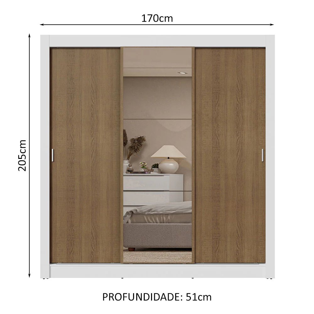 Guarda-Roupa Casal 3 Portas de Correr com Espelho 2 Gavetas Branco/Rustic Sublime Madesa - Image 3