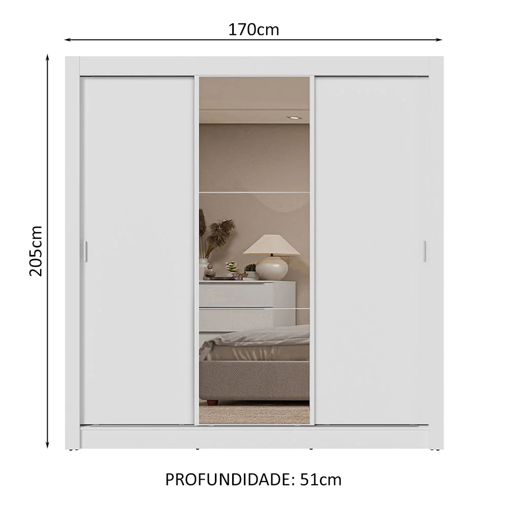 Guarda-Roupa Casal 3 Portas de Correr com Espelho 2 Gavetas Branco Sublime Madesa - Image 3