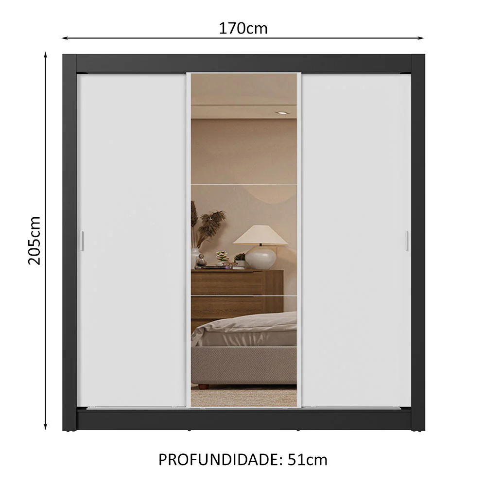 Guarda-Roupa Casal 3 Portas de Correr com Espelho 2 Gavetas Preto/Branco Sublime Madesa - Image 3