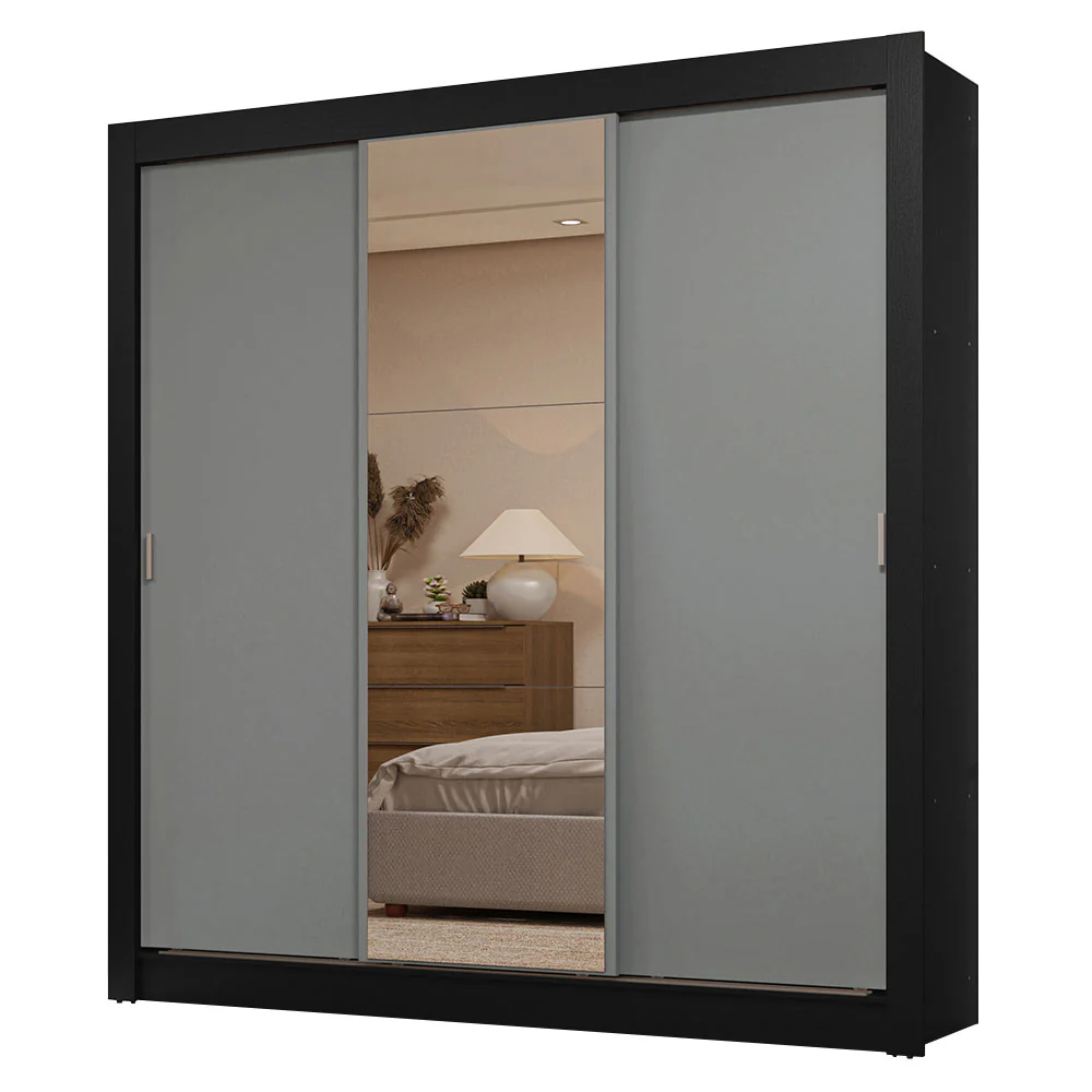 Guarda-Roupa Casal 3 Portas de Correr com Espelho 2 Gavetas Preto/Cinza Sublime Madesa - Image 2