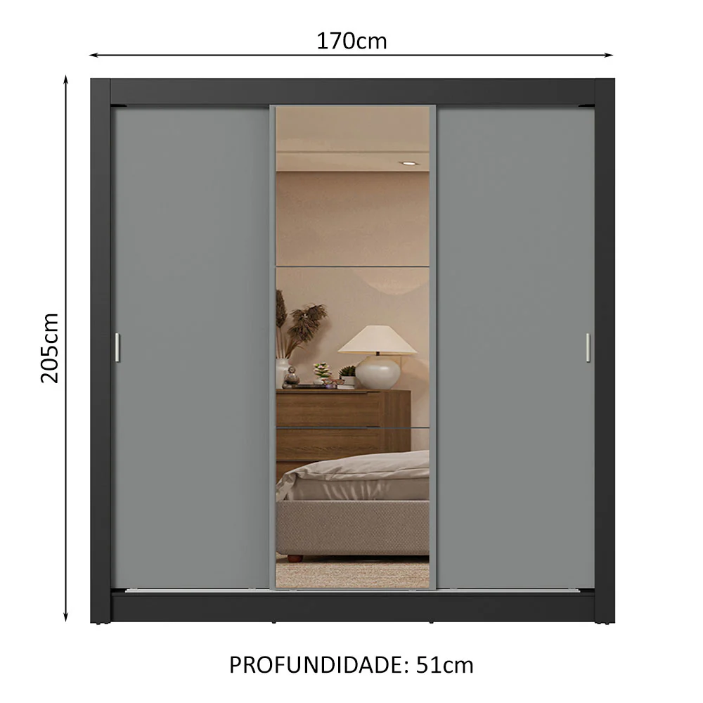 Guarda-Roupa Casal 3 Portas de Correr com Espelho 2 Gavetas Preto/Cinza Sublime Madesa - Image 3