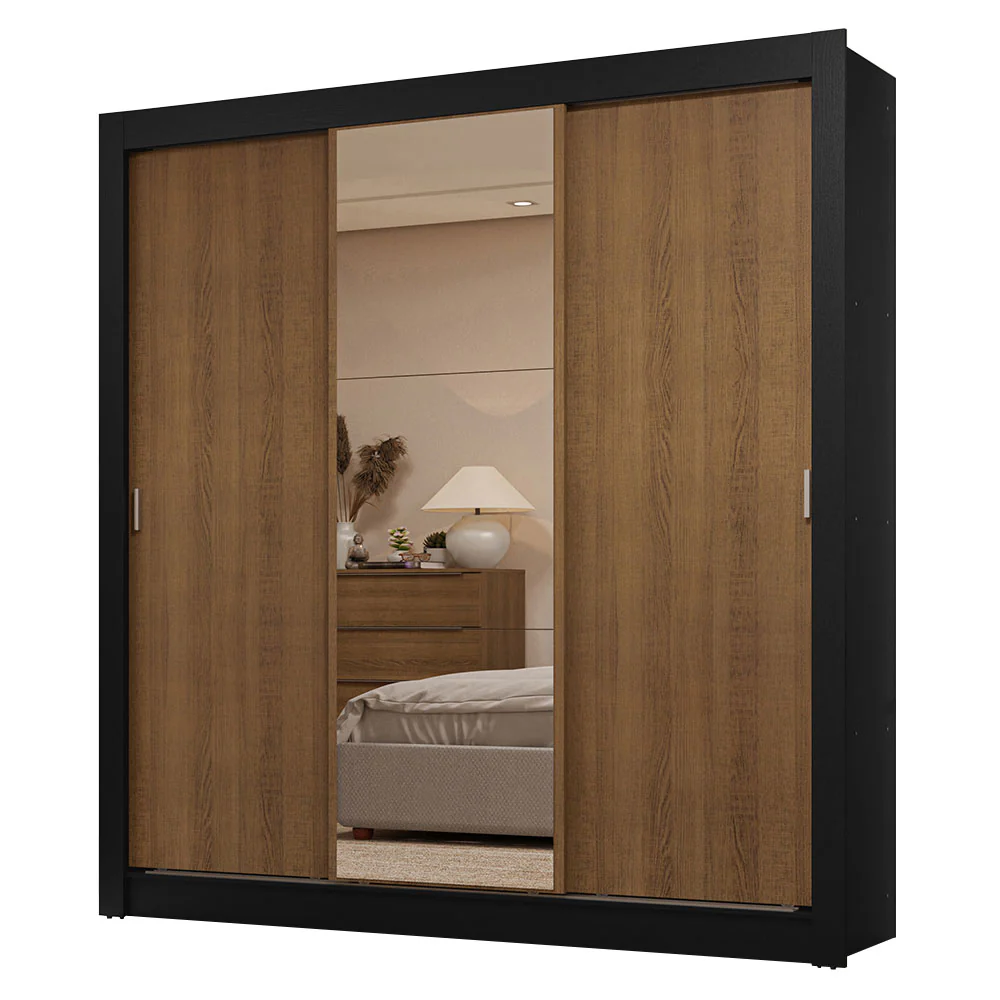 Guarda-Roupa Casal 3 Portas de Correr com Espelho 2 Gavetas Preto/Rustic Sublime Madesa - Image 2