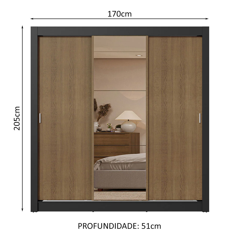 Guarda-Roupa Casal 3 Portas de Correr com Espelho 2 Gavetas Preto/Rustic Sublime Madesa - Image 3