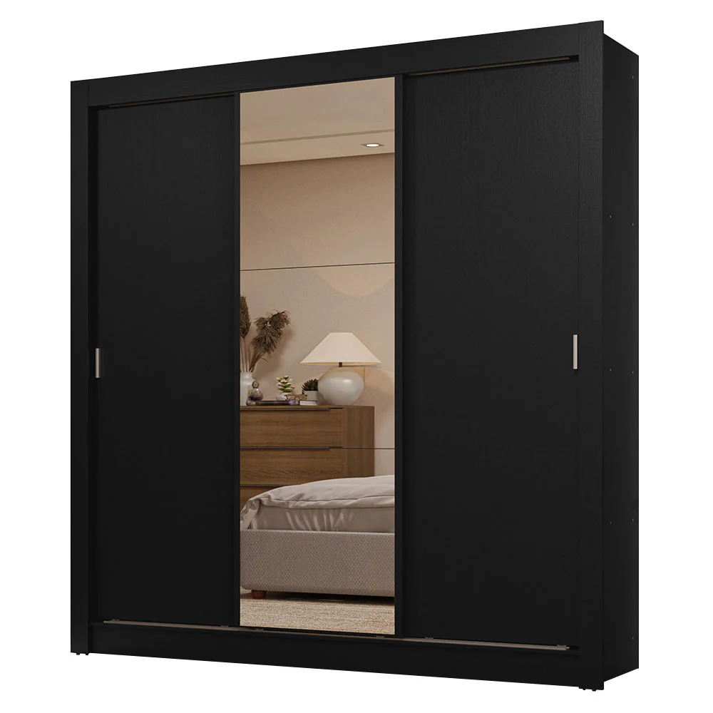 Guarda-Roupa Casal 3 Portas de Correr com Espelho 2 Gavetas Preto Sublime Madesa - Image 2