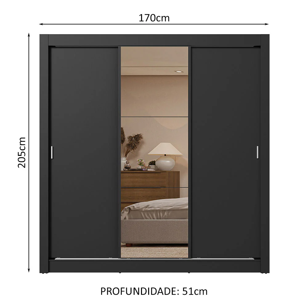 Guarda-Roupa Casal 3 Portas de Correr com Espelho 2 Gavetas Preto Sublime Madesa - Image 3