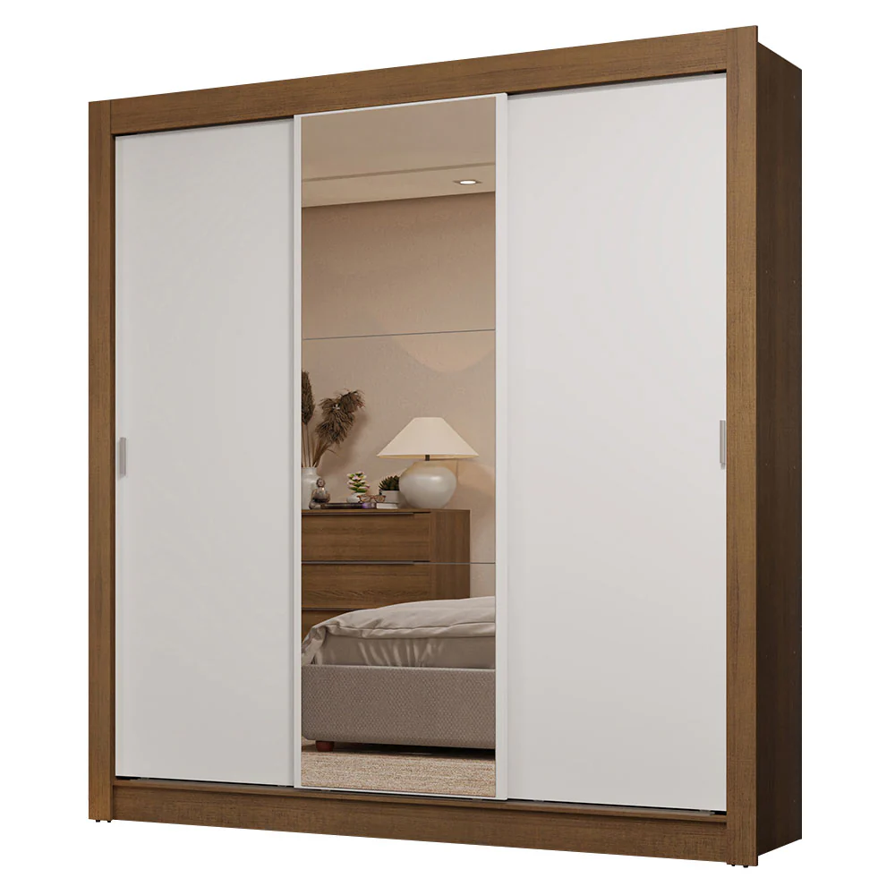 Guarda-Roupa Casal 3 Portas de Correr com Espelho 2 Gavetas Rustic/Branco Sublime Madesa - Image 2