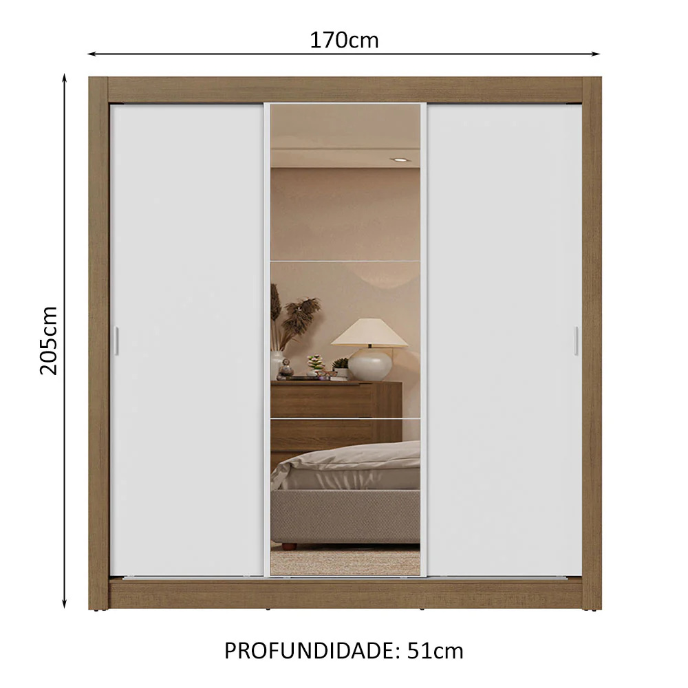 Guarda-Roupa Casal 3 Portas de Correr com Espelho 2 Gavetas Rustic/Branco Sublime Madesa - Image 3