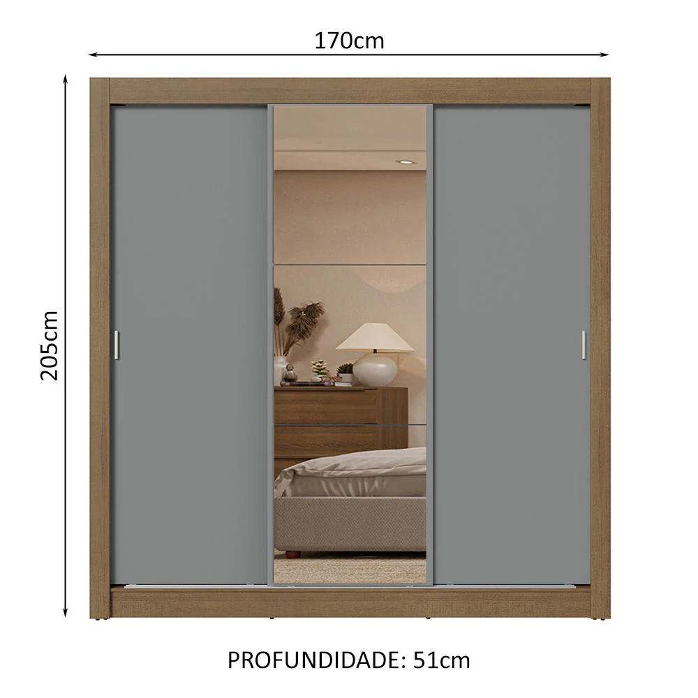Guarda-Roupa Casal 3 Portas de Correr com Espelho 2 Gavetas Rustic/Cinza Sublime Madesa - Image 3