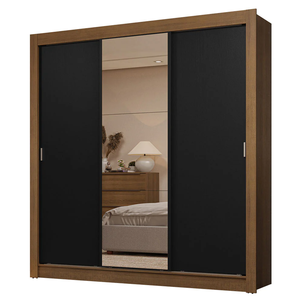 Guarda-Roupa Casal 3 Portas de Correr com Espelho 2 Gavetas Rustic/Preto Sublime Madesa - Image 2