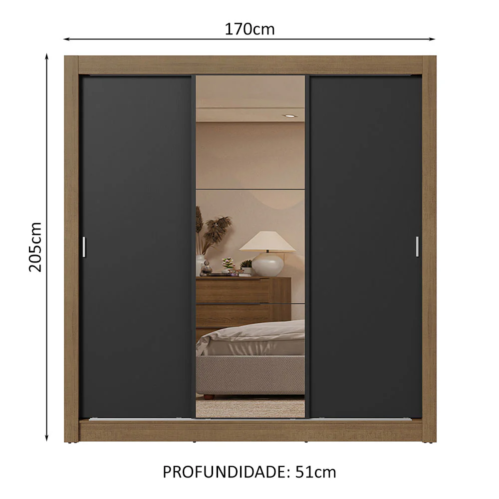 Guarda-Roupa Casal 3 Portas de Correr com Espelho 2 Gavetas Rustic/Preto Sublime Madesa - Image 3