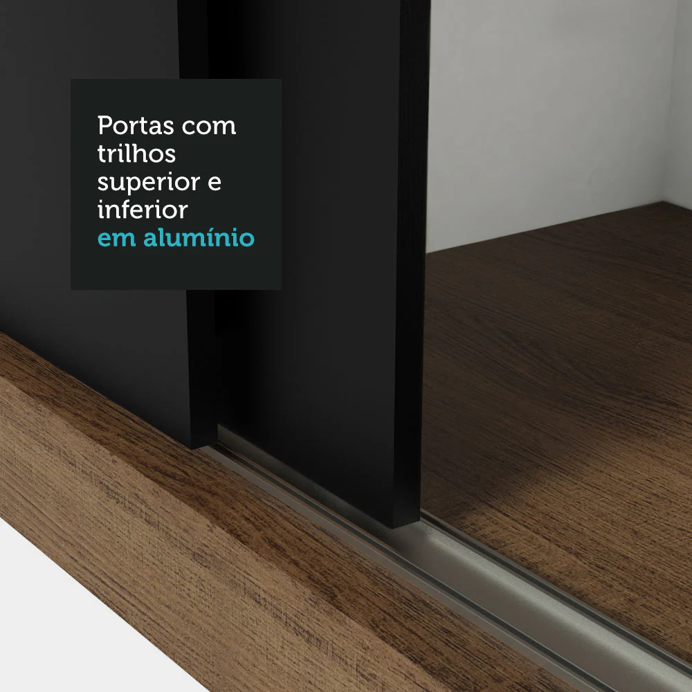 Guarda-Roupa Casal 3 Portas de Correr com Espelho 2 Gavetas Rustic/Preto Sublime Madesa - Image 9
