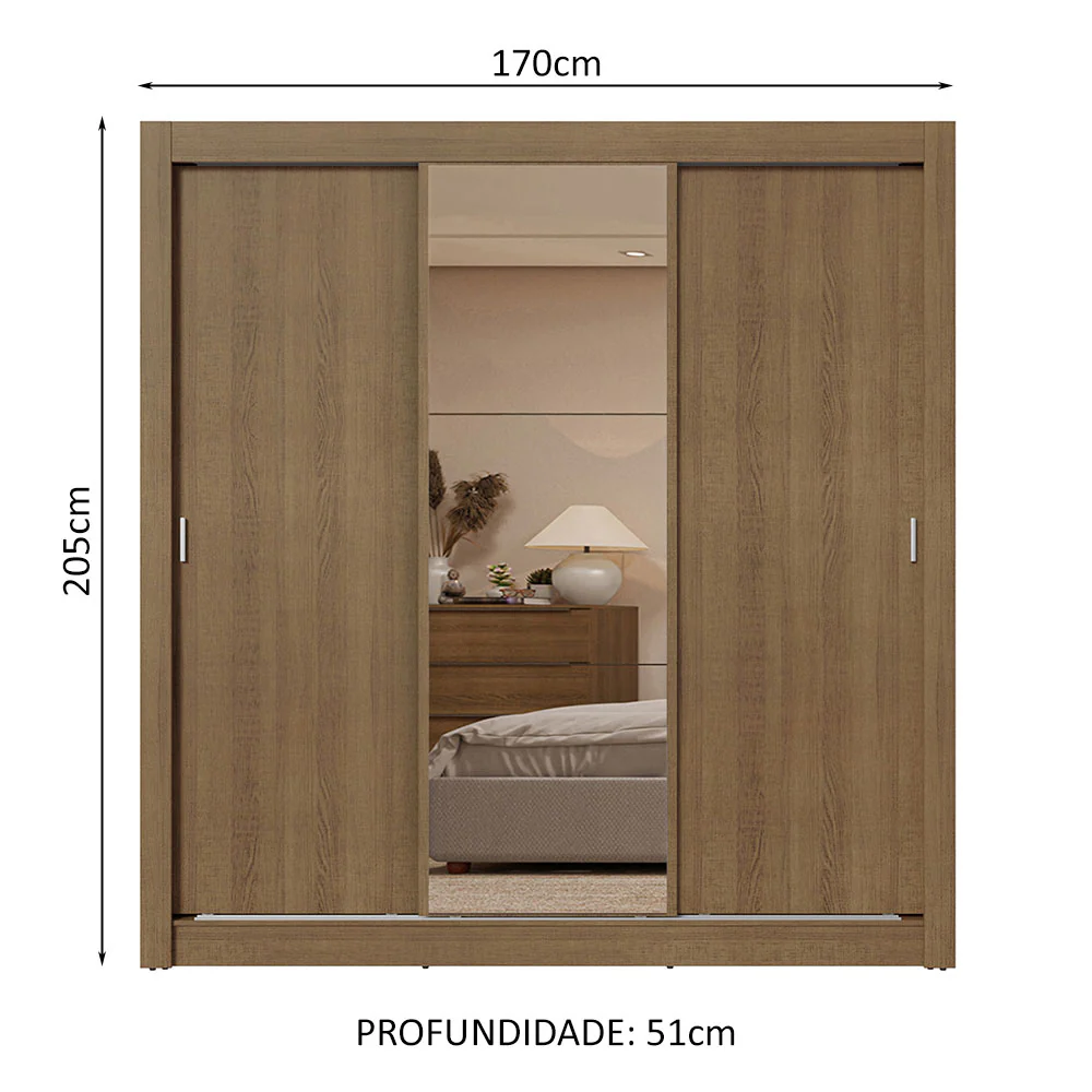 Guarda-Roupa Casal 3 Portas de Correr com Espelho 2 Gavetas Rustic Sublime Madesa - Image 3