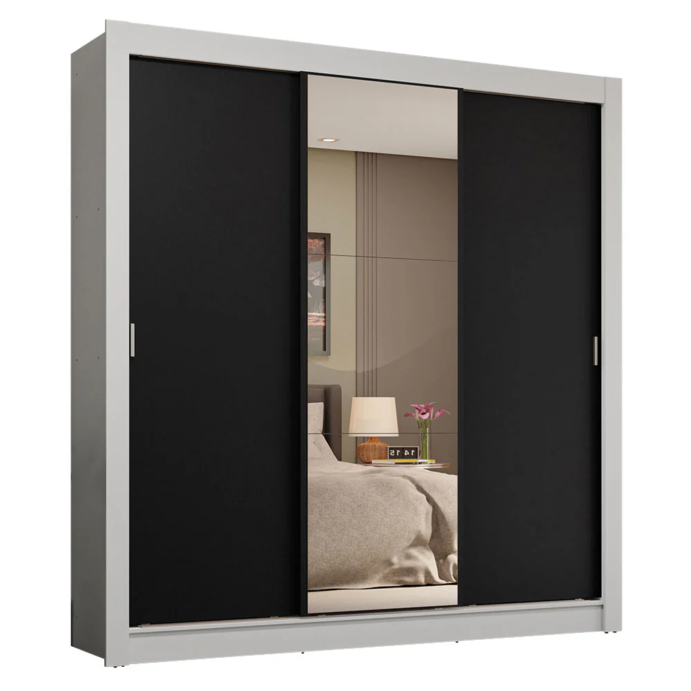 Guarda-Roupa Casal 3 Portas de Correr com Espelho 4 Gavetas Branco/Preto Sublime Plus Madesa - Image 2
