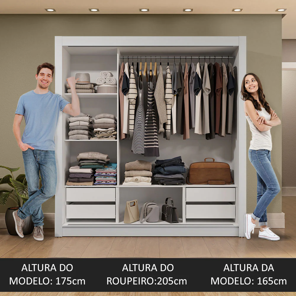 Guarda-Roupa Casal 3 Portas de Correr com Espelho 4 Gavetas Branco/Preto Sublime Plus Madesa - Image 5