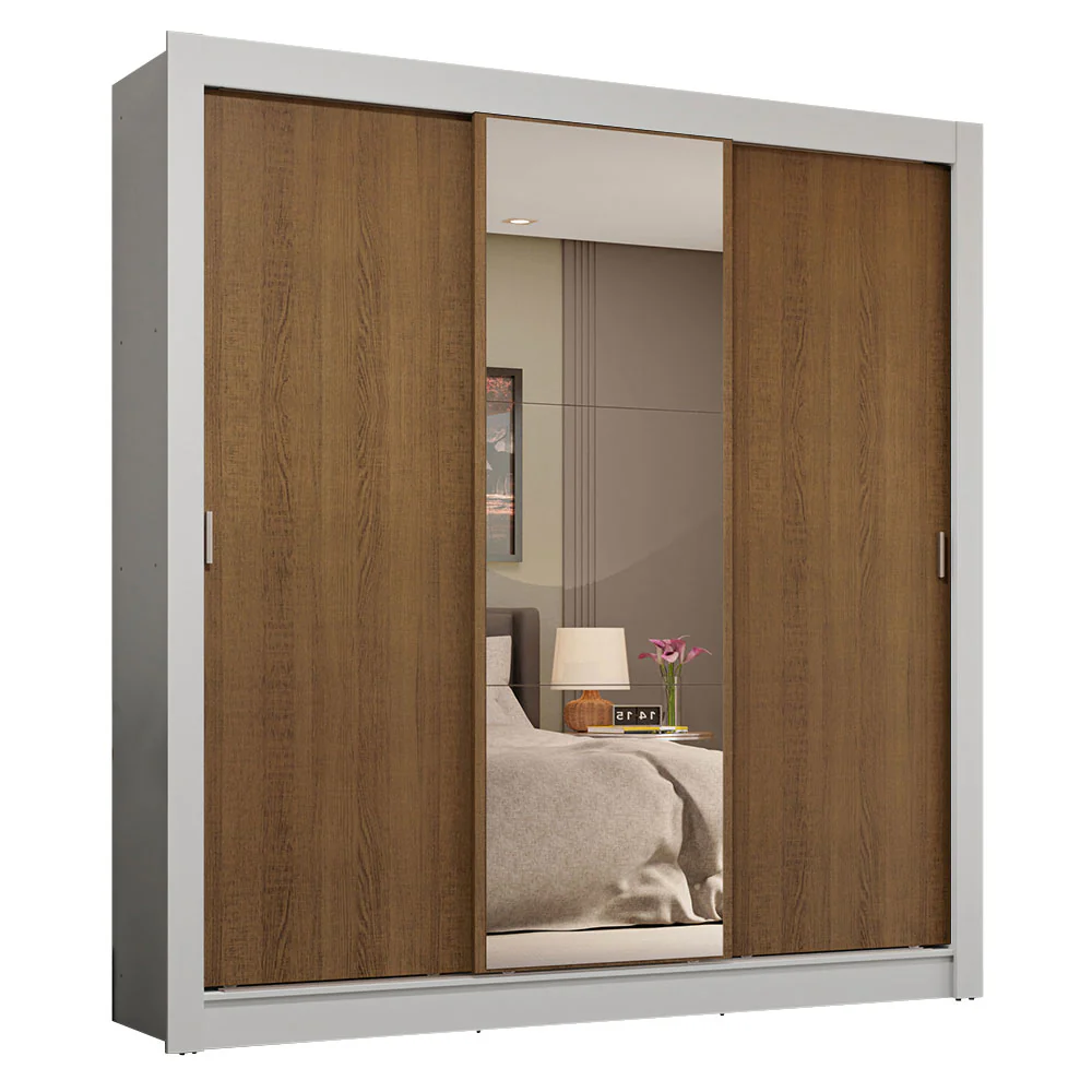 Guarda-Roupa Casal 3 Portas de Correr com Espelho 4 Gavetas Branco/Rustic Sublime Plus Madesa - Image 2