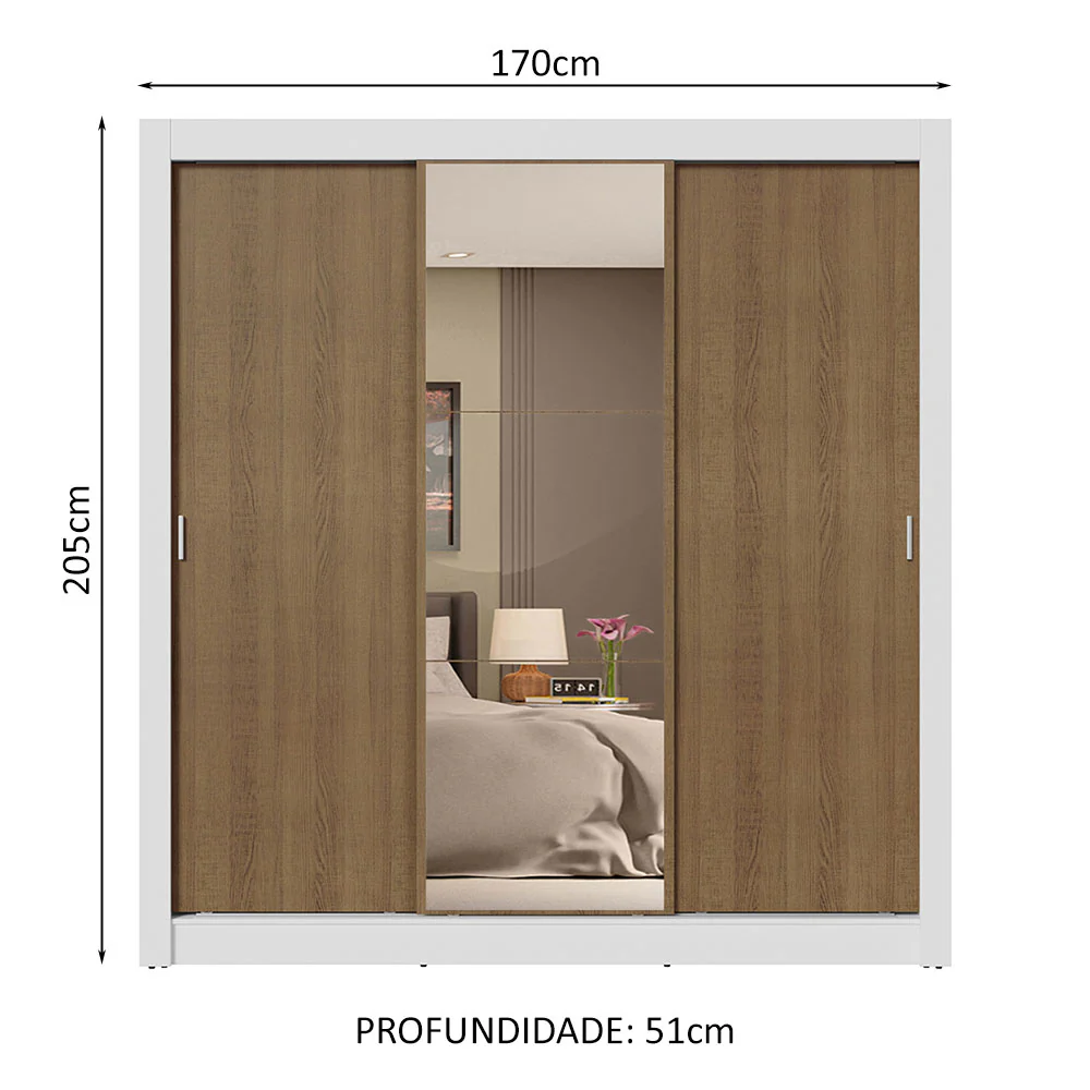 Guarda-Roupa Casal 3 Portas de Correr com Espelho 4 Gavetas Branco/Rustic Sublime Plus Madesa - Image 3