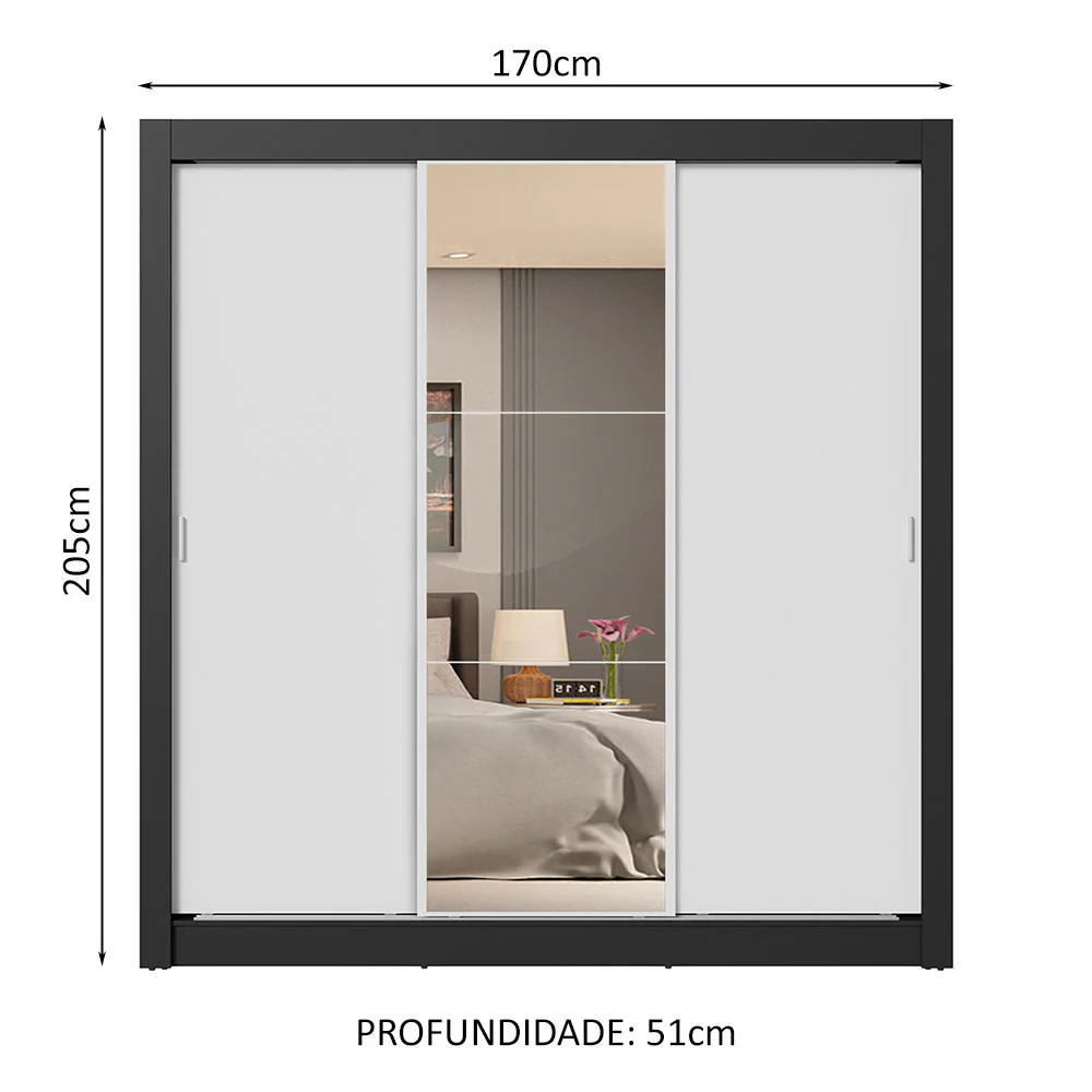 Guarda-Roupa Casal 3 Portas de Correr com Espelho 4 Gavetas Preto/Branco Sublime Plus Madesa - Image 3