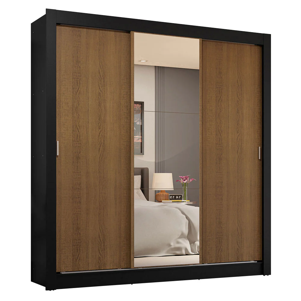 Guarda-Roupa Casal 3 Portas de Correr com Espelho 4 Gavetas Preto/Rustic Sublime Plus Madesa - Image 2