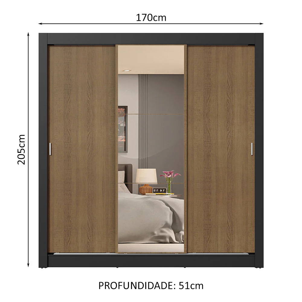 Guarda-Roupa Casal 3 Portas de Correr com Espelho 4 Gavetas Preto/Rustic Sublime Plus Madesa - Image 3