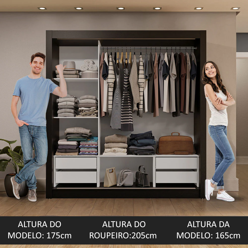 Guarda-Roupa Casal 3 Portas de Correr com Espelho 4 Gavetas Preto Sublime Plus Madesa - Image 5
