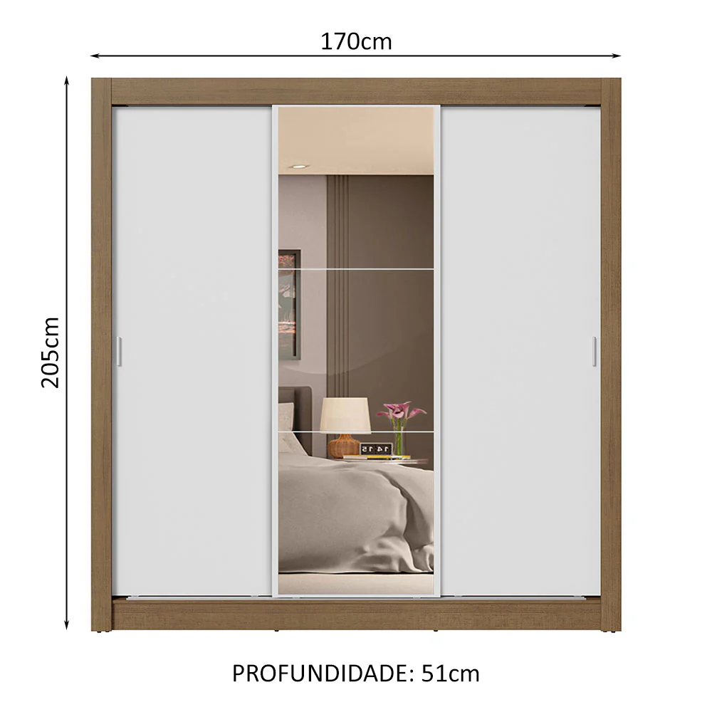 Guarda-Roupa Casal 3 Portas de Correr com Espelho 4 Gavetas Rustic/Branco Sublime Plus Madesa - Image 3