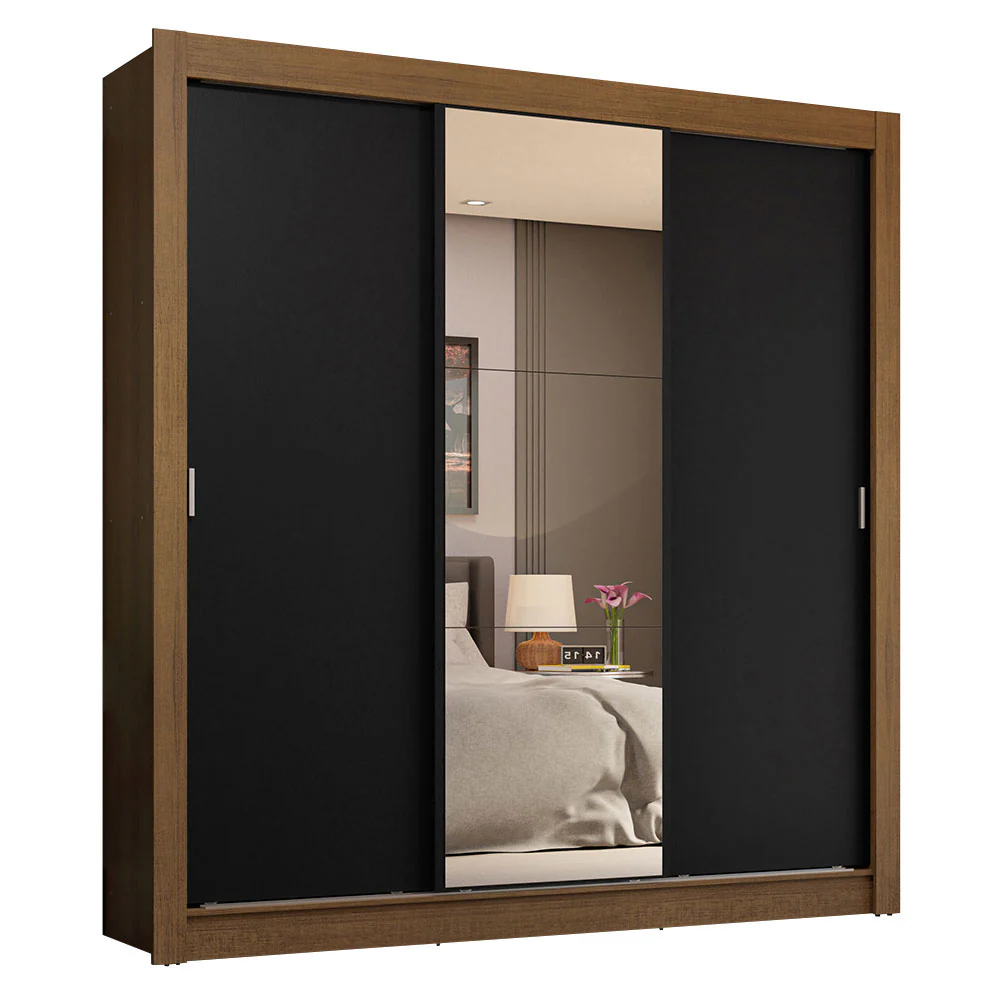 Guarda-Roupa Casal 3 Portas de Correr com Espelho 4 Gavetas Rustic/Preto Sublime Plus Madesa - Image 2