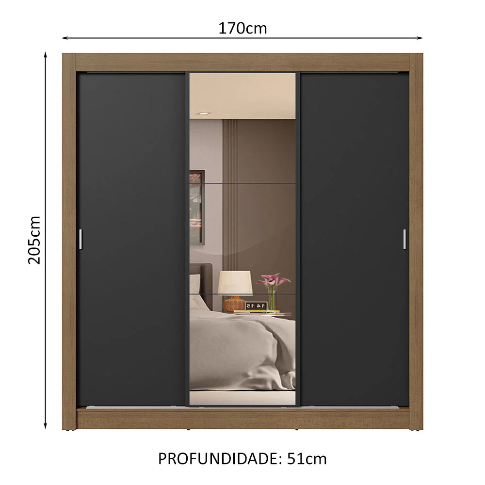 Guarda-Roupa Casal 3 Portas de Correr com Espelho 4 Gavetas Rustic/Preto Sublime Plus Madesa - Image 3