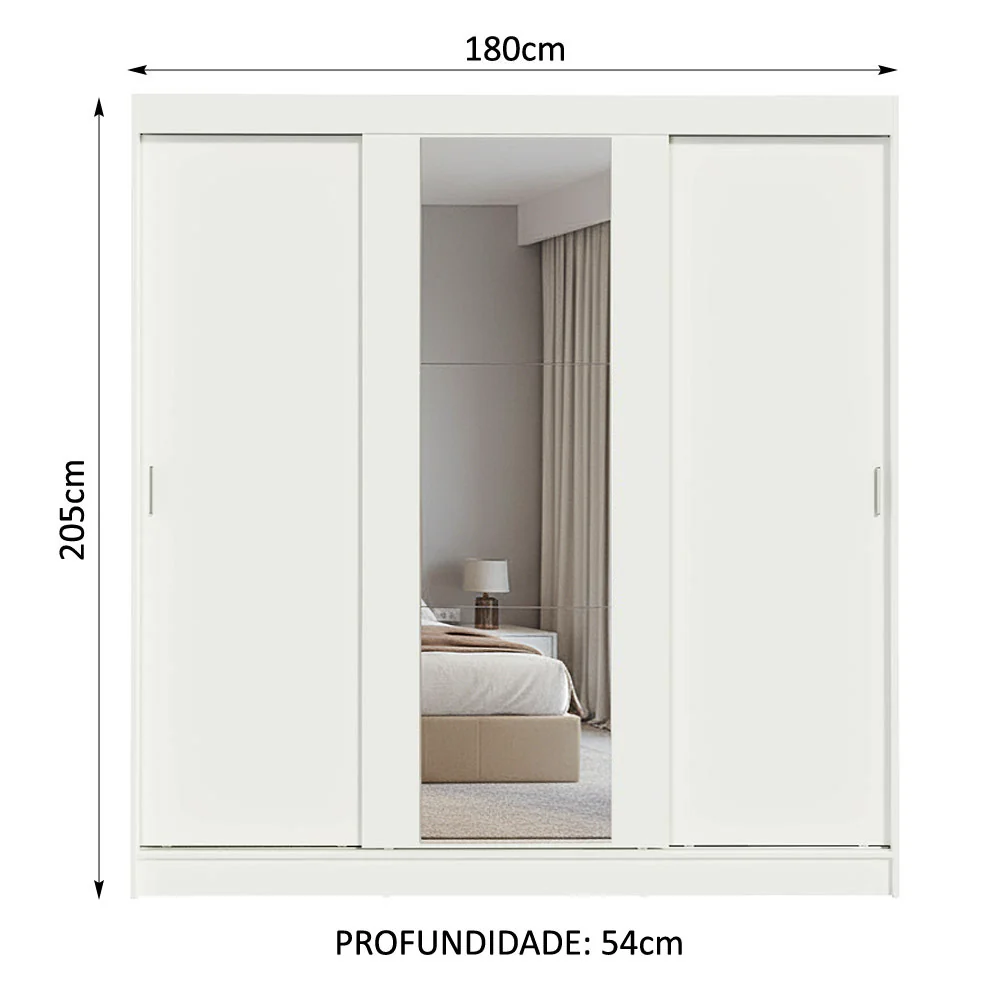Guarda-Roupa Casal 3 Portas de Correr com Espelho Branco Orion Madesa - Image 3