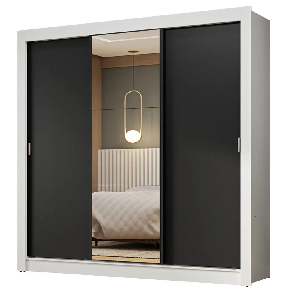 Guarda-Roupa Casal 3 Portas de Correr com Espelho Branco/Preto Nobre Madesa - Image 2