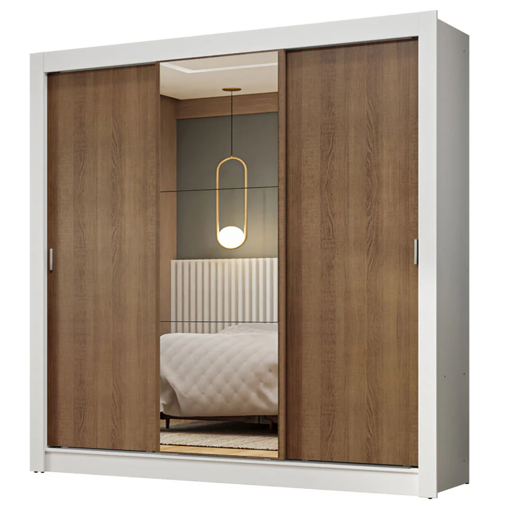 Guarda-Roupa Casal 3 Portas de Correr com Espelho Branco/Rustic Nobre Madesa - Image 2