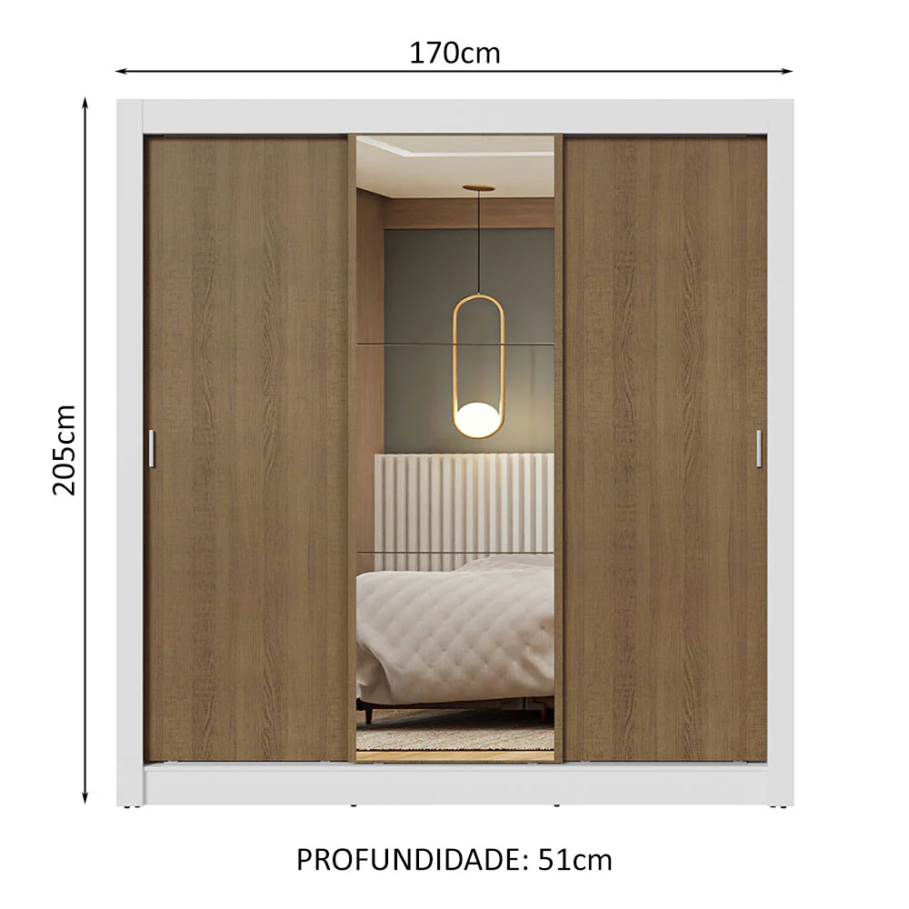 Guarda-Roupa Casal 3 Portas de Correr com Espelho Branco/Rustic Nobre Madesa - Image 3