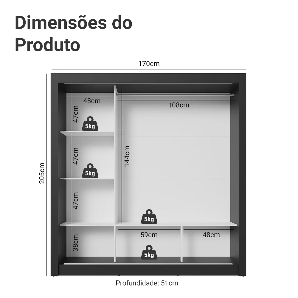 Guarda-Roupa Casal 3 Portas de Correr com Espelho Preto/Cinza Nobre Madesa - Image 3