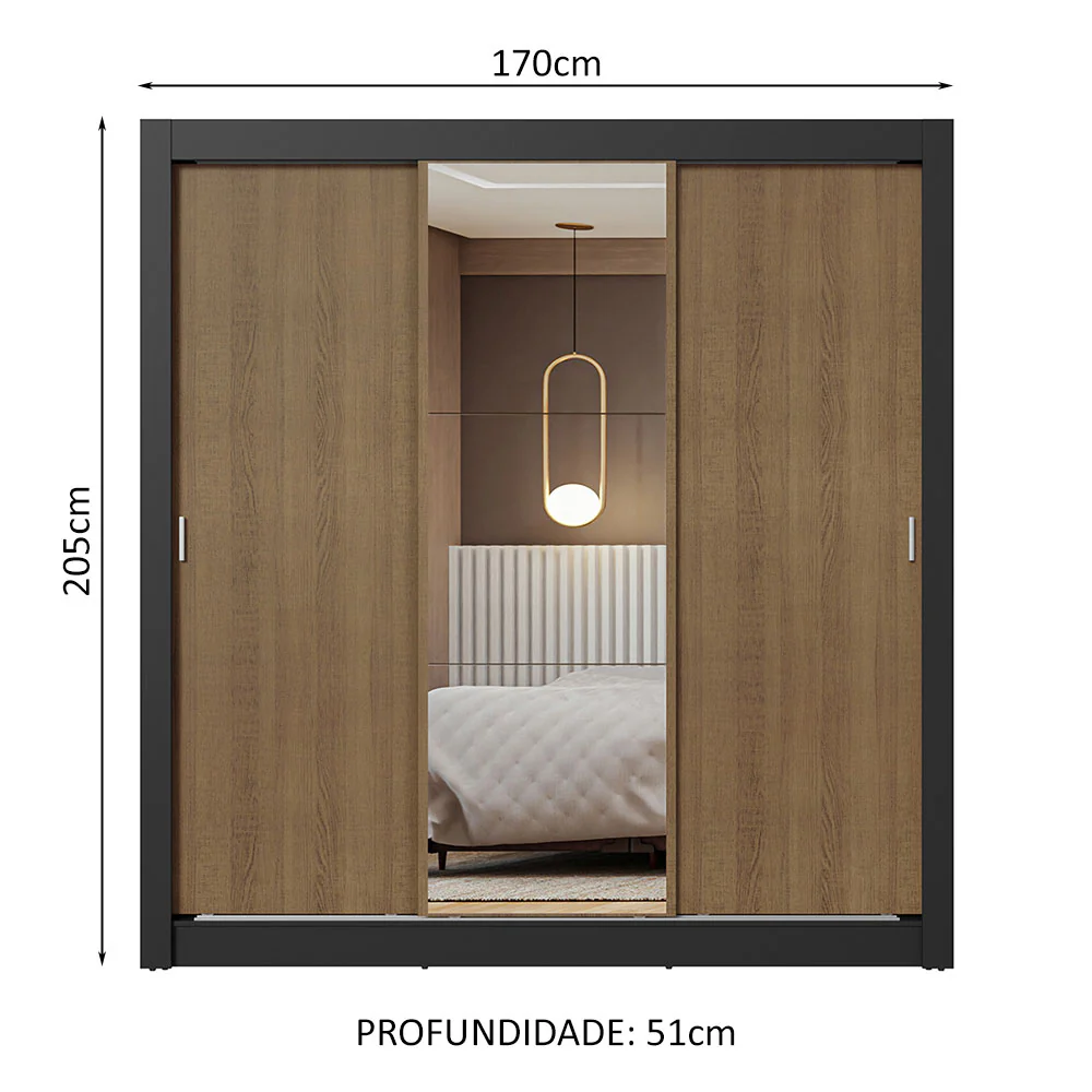 Guarda-Roupa Casal 3 Portas de Correr com Espelho Preto/Rustic Nobre Madesa - Image 2