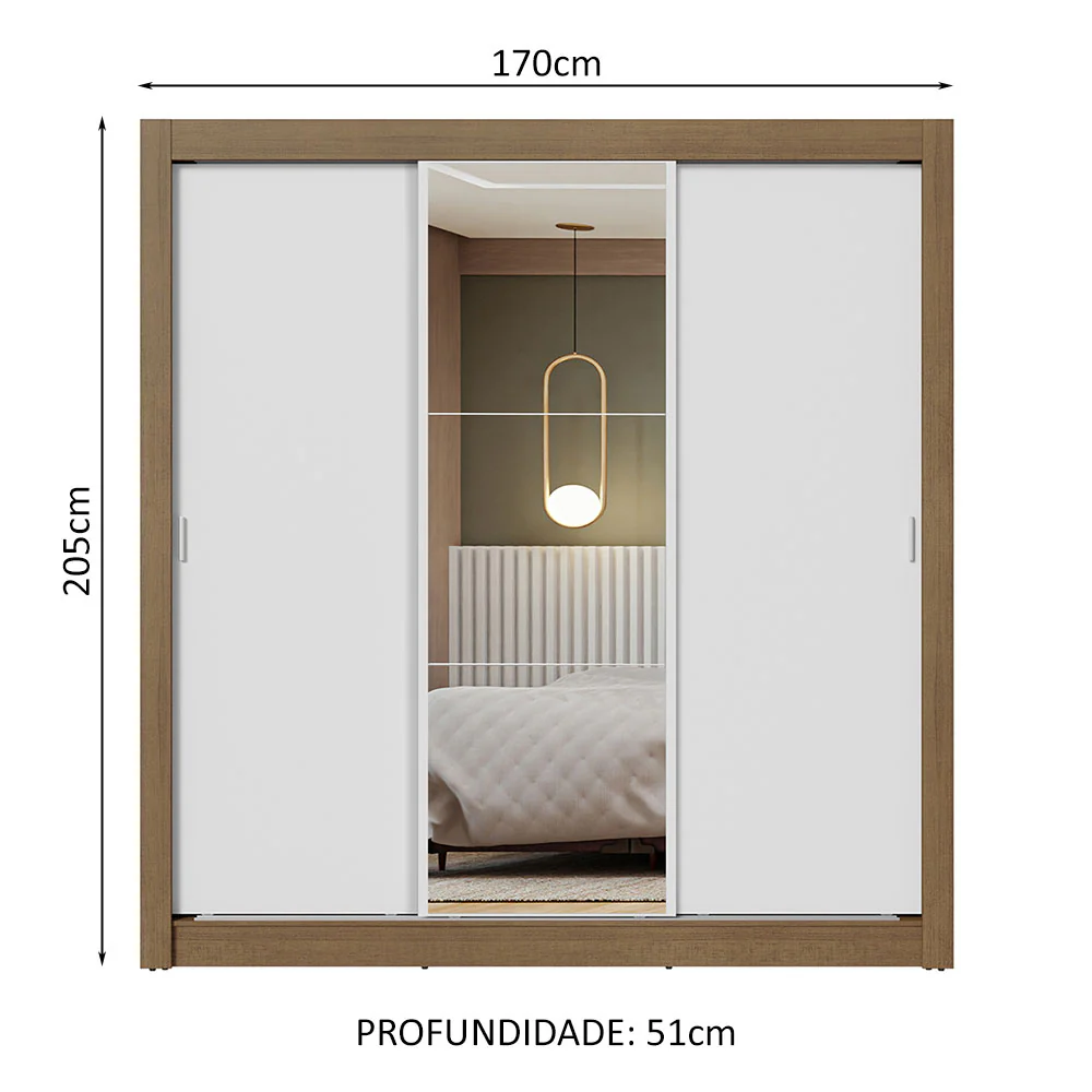 Guarda-Roupa Casal 3 Portas de Correr com Espelho Rustic/Branco Nobre Madesa - Image 3