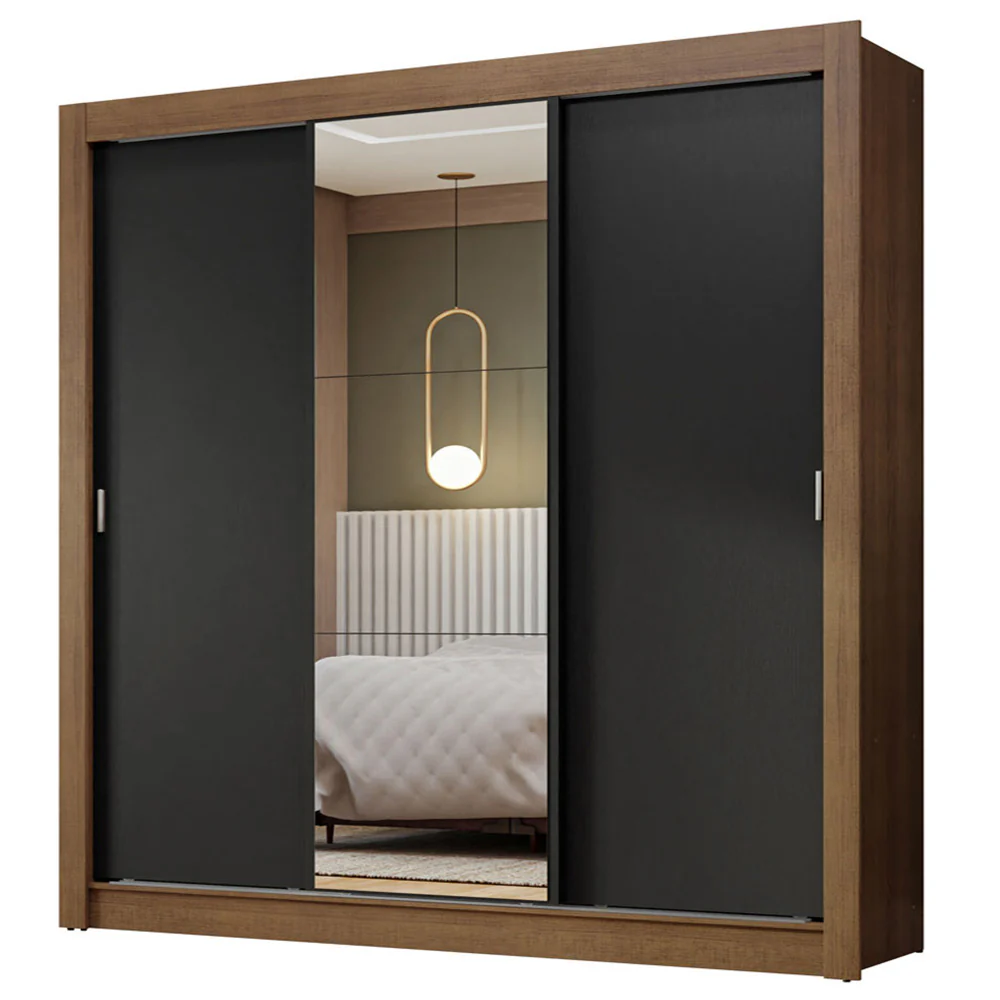 Guarda-Roupa Casal 3 Portas de Correr com Espelho Rustic/Preto Nobre Madesa - Image 2