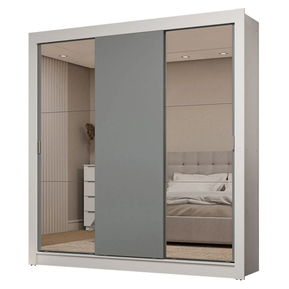 Guarda-Roupa Casal 3 Portas de Correr com Espelhos 2 Gavetas Branco/Cinza Sublime Madesa - Image 2