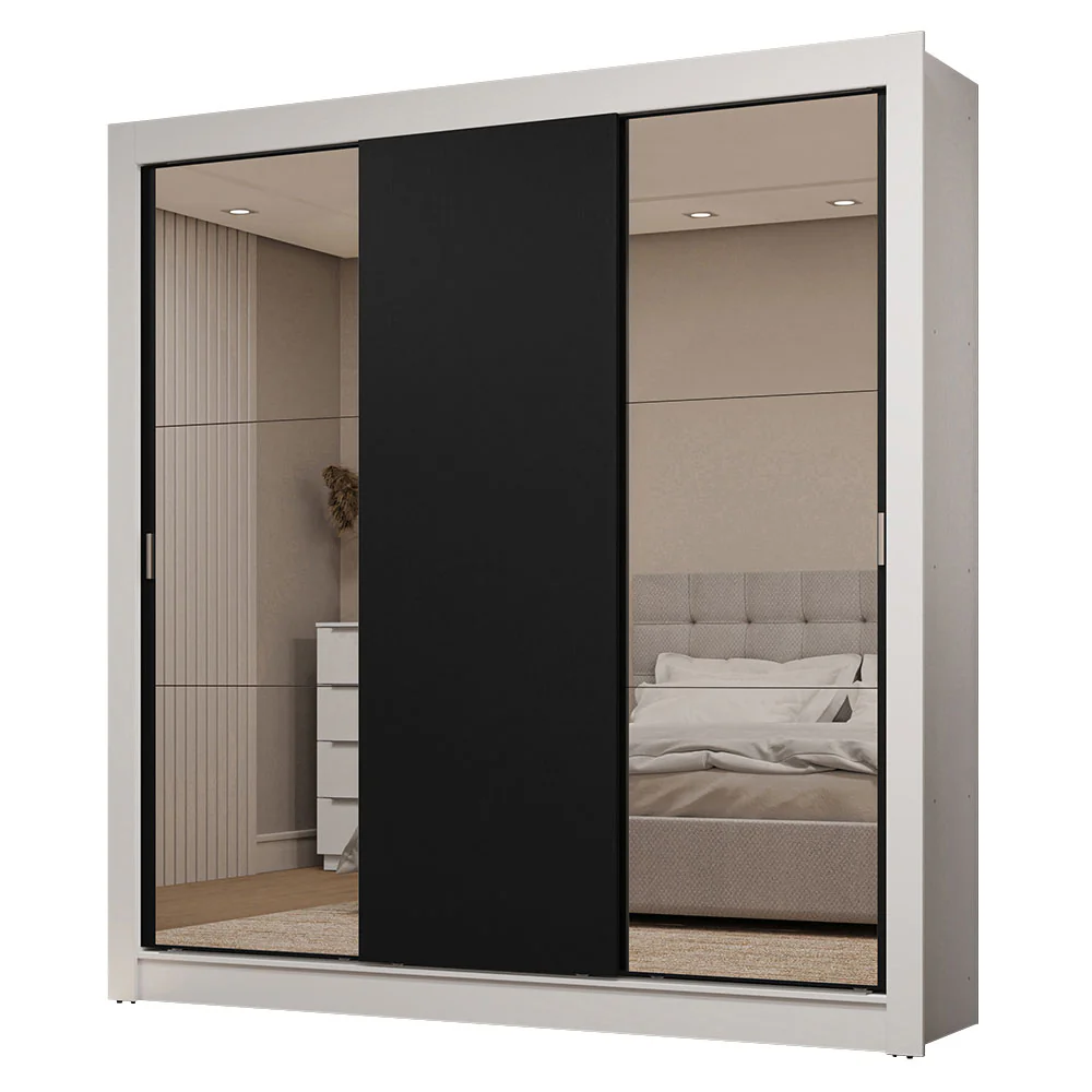 Guarda-Roupa Casal 3 Portas de Correr com Espelhos 2 Gavetas Branco/Preto Sublime Madesa - Image 2