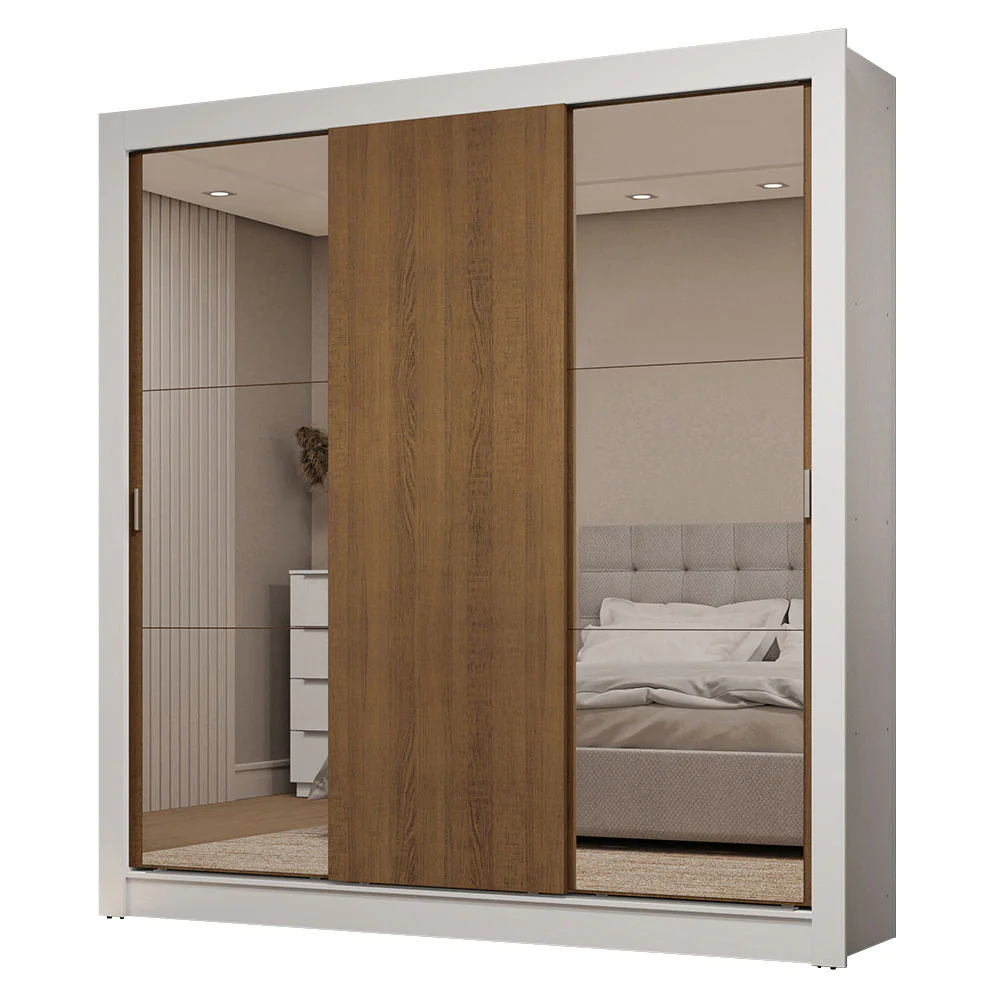 Guarda-Roupa Casal 3 Portas de Correr com Espelhos 2 Gavetas Branco/Rustic Sublime Madesa - Image 2