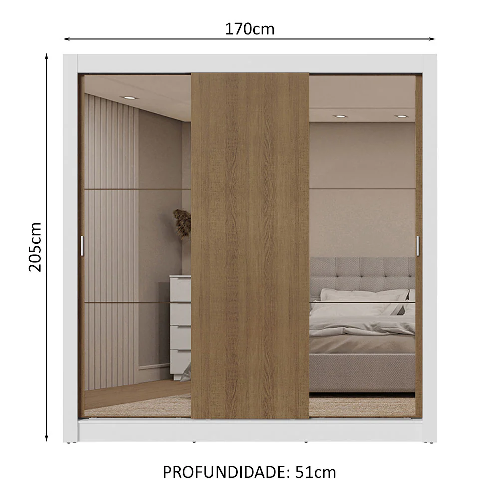 Guarda-Roupa Casal 3 Portas de Correr com Espelhos 2 Gavetas Branco/Rustic Sublime Madesa - Image 3