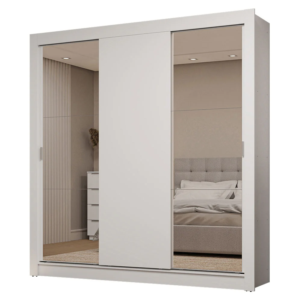 Guarda-Roupa Casal 3 Portas de Correr com Espelhos 2 Gavetas Branco Sublime Madesa - Image 2