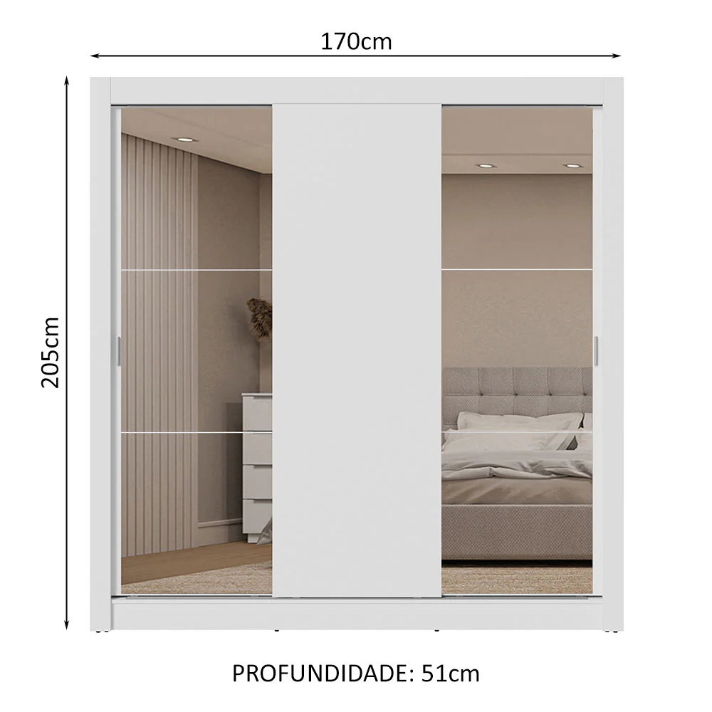 Guarda-Roupa Casal 3 Portas de Correr com Espelhos 2 Gavetas Branco Sublime Madesa - Image 3