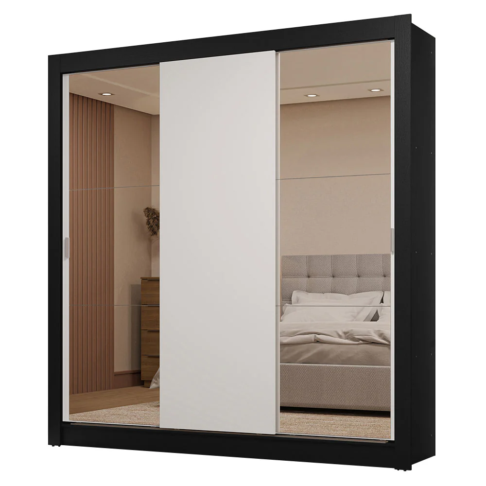Guarda-Roupa Casal 3 Portas de Correr com Espelhos 2 Gavetas Preto/Branco Sublime Madesa - Image 2